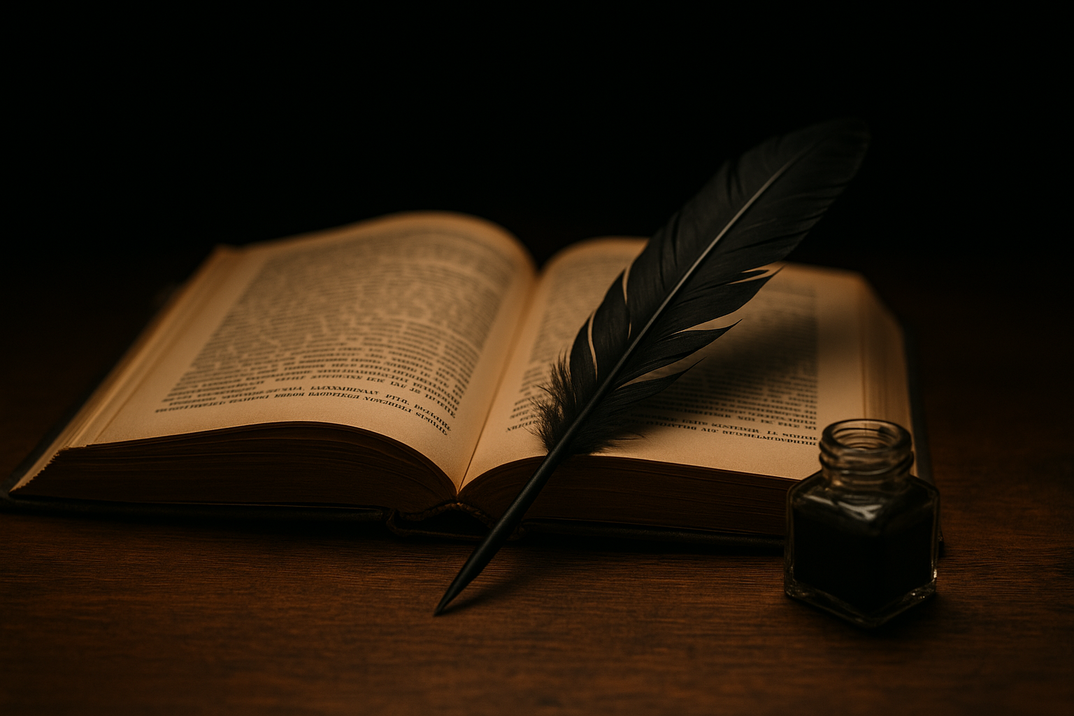 Black quill resting on an open typed book, symbolizing writing, reflection, and commentary.